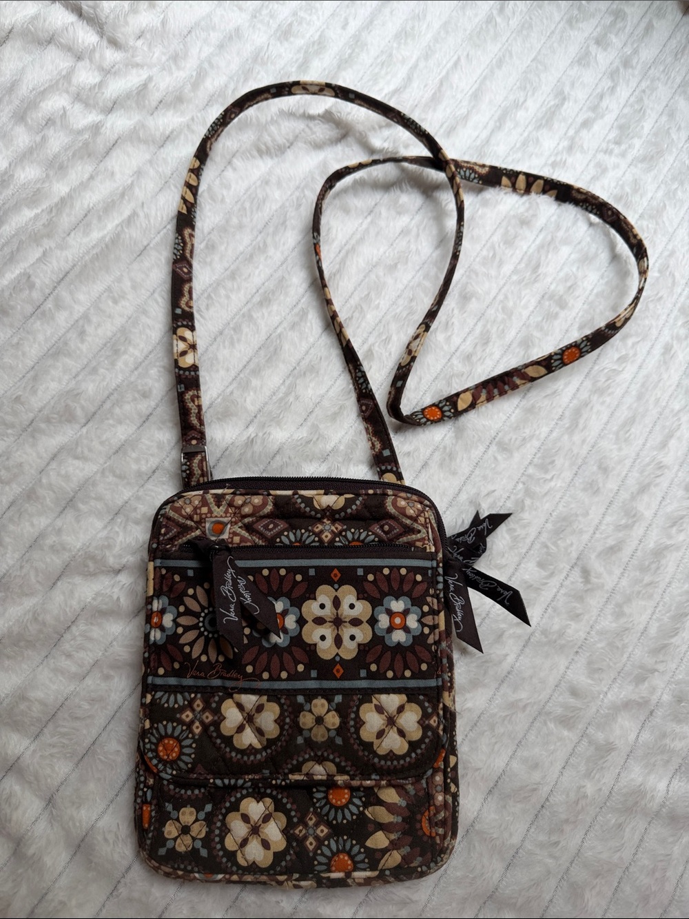 Vera Bradley Brown Floral Quilted Crossbody with Orange & Cream Accents